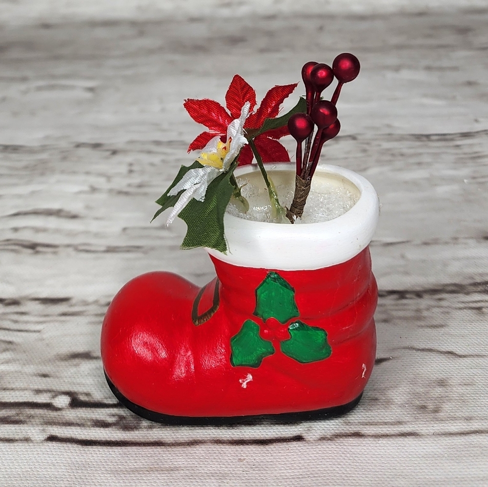 Mini Santa Red Boot Planter with Faux Holly